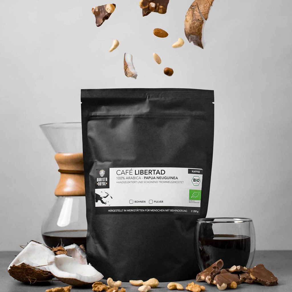 Packshot des Café Libertad, Arabica Papua Neuguinea, Barista Royal, Produktfotografie, WINGMEN Media
